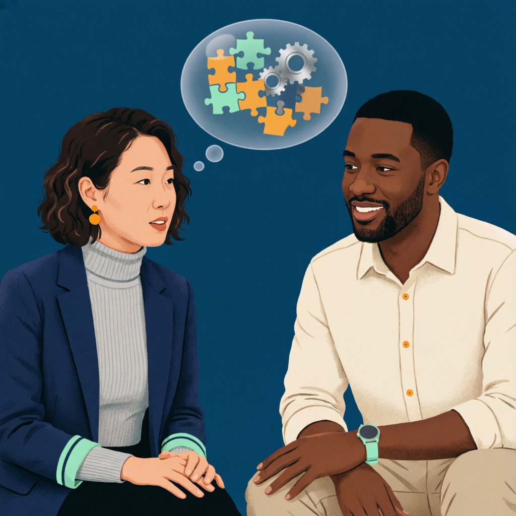 思考の吹き出しにパズルと歯車が浮かぶ、支え合う二人の会話のイラスト